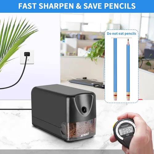 Vista 4 de AFMAT Sacapuntas eléctrico resistente, sacapuntas de aula para lápices de colores n.º 2 de 6 a 0.433 in, parada automática, punta afilada, guardar
