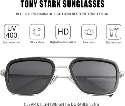 Vista 2 de Kursan Lentes de sol polarizados Tony Stark para hombres y mujeres, montura cuadrada de metal, lentes de Iron Man y Spider-Man