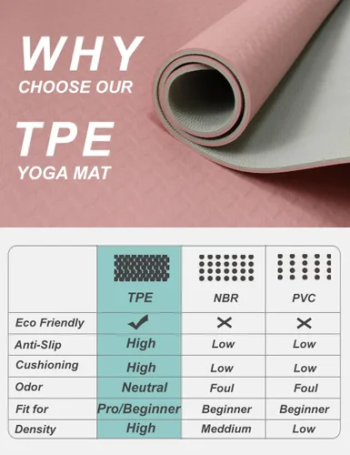 Vista 6 de Tapete de yoga de doble cara antideslizante, 2.835 x 1.260 x 0.276 in, extra ancha y gruesa con correa, esterillas de yoga profesionales de TPE