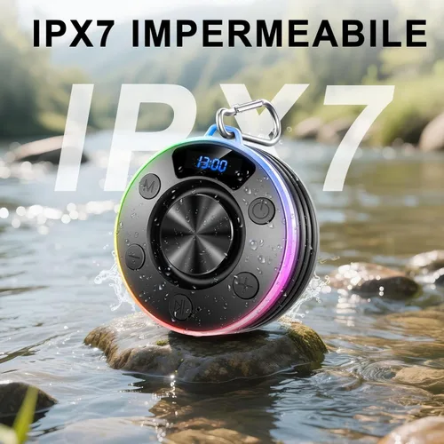 Vista 3 de Altavoz Bluetooth de ducha, IPX7 impermeable altavoces Bluetooth portátiles con ventosa, pantalla digital, graves ricos en sonido estéreo, clip