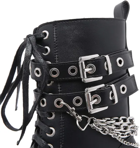 Vista 5 de Botas al tobillo para mujer, plataforma de tacón grueso, botas góticas de invierno, punta redonda, bloque atado en la mitad de la pantorrilla