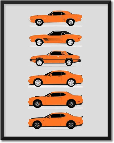 Vista 14 de Custom Car Posters Póster hecho a mano compatible con Dodge Challenger Generations e impresión de Challenger SRT, multicolor, impresión metálica