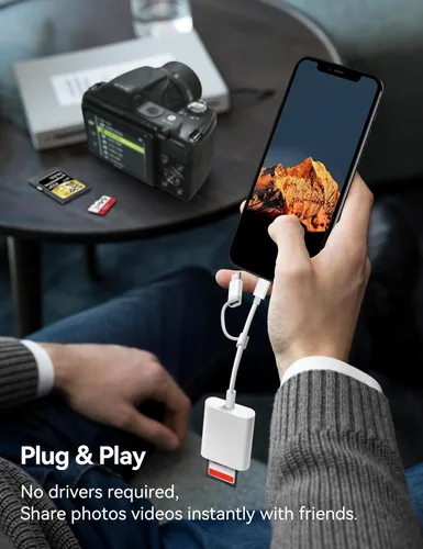 Vista 5 de BnmxTek Lector de Tarjetas SD para iPhone, Adaptador de Tarjeta SD con Conector Dual Lightning y USB-C para iPhone 5-14, iPhone 15 con USB-C, iPad