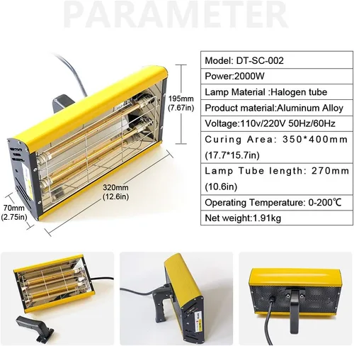 Vista 3 de DATOUBOSS Lámpara infrarroja para hornear pintura 2000w secador de secado de onda corta lámpara con soporte