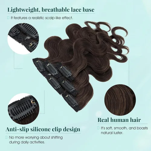 Vista 3 de 6 extensiones de cabello real con 6 clips, cabello ondulado de 10 pulgadas, color marrón oscuro