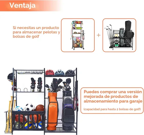 Vista 3 de WALMANN Organizador de equipo deportivo de garaje, soporte para bolsa de golf para almacenamiento de pelotas de garaje, estante de almacenamiento