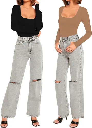 Vista 6 de Allchic Body básico de manga larga con cuello redondo para mujer
