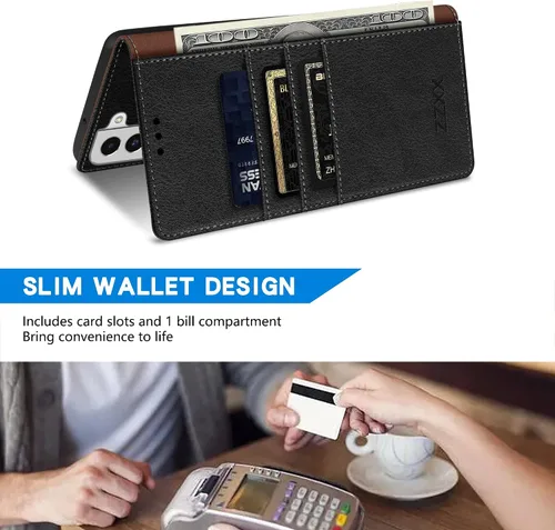 Vista 4 de ZZXX Funda tipo cartera para Samsung Galaxy S22 con bloqueo RFID, ranura para tarjetas, función atril, cierre magnético, funda protectora de cuero