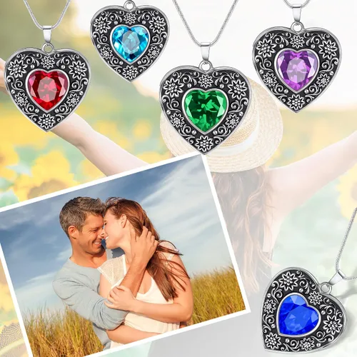Vista 3 de Fanery sue Heart Locket Necklace That Holds 2 Pictures for Women Girls, Silver Rose Sunflower Custom Photos Necklaces Personalized Lockets Necklace