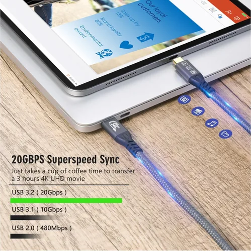 Vista 5 de Cable USB C 3.2 Gen 2X2 20Gbps, tipo C 4K a 60Hz UHD Video 5A/240W PD3.1 Carga rápida con E-Marker Compatible con Thunderbolt 3/4 MacBook Pro