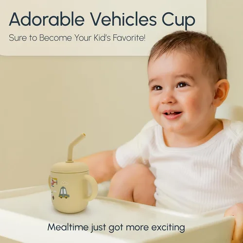 Vista 5 de Vaso de silicona para niños de 6 meses y niños pequeños, lindo vaso para beber con popote para el primer entrenamiento, botella de agua para bebé