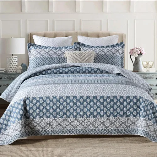 Vista 12 de DDUOXIN Edredón 100 % algodón, tamaño Queen, moderno, botánico, con 2 fundas de almohada, colcha con estampado floral a rayas, juego de ropa de cama