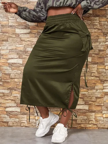Vista 3 de WDIRARA Falda de carga lateral dividida con nudo de cintura alta para mujer, talla grande, con bolsillos