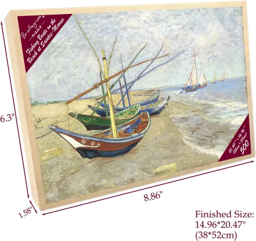Vista 2 de Rompecabezas de madera de 500 piezas para adultos, pinturas famosas de Van Gogh, barcos de pesca en la playa en Les Saintes-Maries-de-la-Mer, Barcos