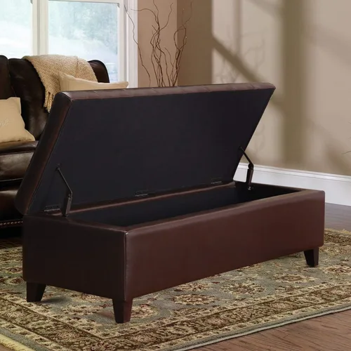 Vista 7 de Banco otomano rectangular copetudo de almacenamiento de cuero regenerado para mesa de centro para dormitorio, sala de estar (marrón)