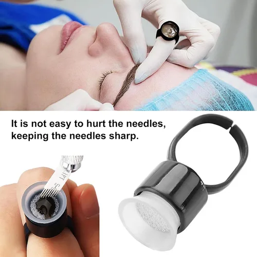 Vista 3 de Vasos de anillo de tinta, 50 anillos de pigmento, anillos de pegamento de pigmento de microblading con copas de tinta de esponja, tapas
