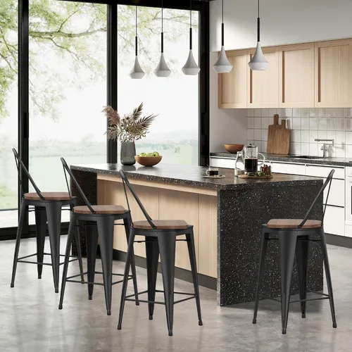 Vista 2 de HAOBO Home Juego de 4 taburetes de bar giratorios de metal con respaldo alto (negro mate con asiento de madera, giratorios de 24 pulgadas)