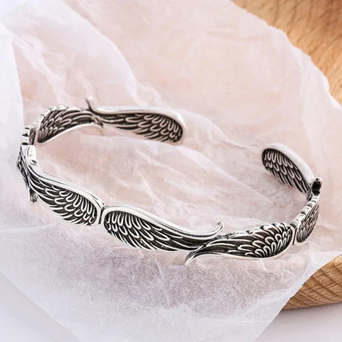 Vista 5 de Pulsera de plata de ley de estilo vintage con alas de ángel, ajustable, pulseras inspiradoras para mujeres y hombres, regalo de joyería inspiradora