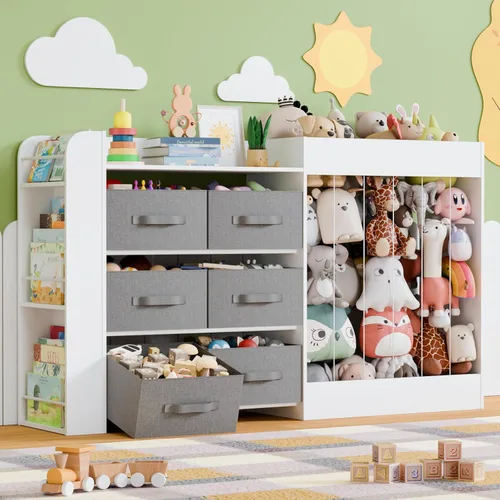 Vista 8 de Organizador de almacenamiento de juguetes de 61 pulgadas de ancho con 6 contenedores de almacenamiento, estantería de 3 niveles para niños y soporte