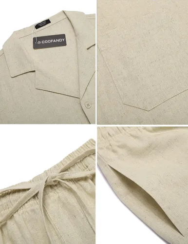 Vista 5 de COOFANDY Camisas de lino para hombre, manga corta, con botones, para playa, hawaiana, juego de 2 piezas