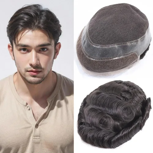 Vista 9 de HAPPY&CC Toupee - Sistema de reemplazo de cabello humano real para hombre, transpirable, piel fina, encaje suizo, densidad media de luz