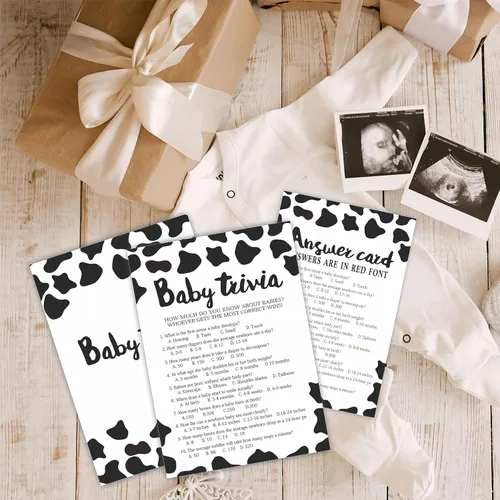 Vista 3 de Juego de preguntas para bebés para baby shower, impresiones de vacas de 5 x 7 pulgadas, tarjetas de juego rellenas de doble cara para niños o niñas