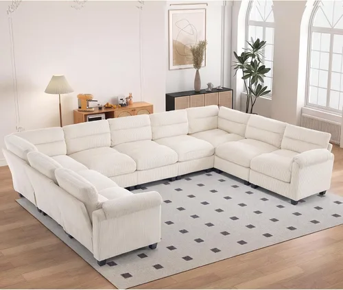 Vista 12 de HAOMARKETS Sofá esquinero modular en forma de L de 115 pulgadas con 2 otomanas móviles, sofás de pana de 8 plazas con cojín grueso para sala de Beige