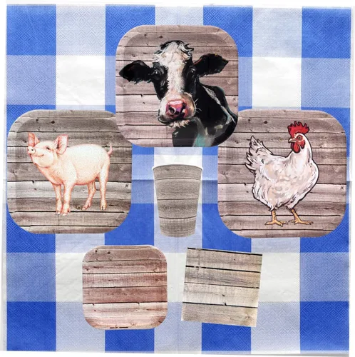 Vista 7 de Havercamp 8 platos de fiesta de madera de granero Papel temático de madera para picnics y fiestas Plato de pollo cuadrado de 9 pulgadas