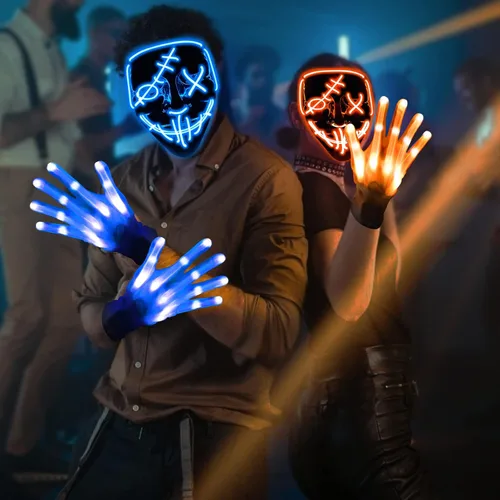 Vista 5 de Juego de 2 máscaras y guantes con luz LED de Halloween brilla en la oscuridad suministros de fiesta de disfraces para adultos