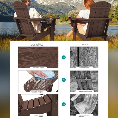 Vista 3 de SERWALL Silla Adirondack con portavasos, sillas Adirondack compuestas de polietileno de alta densidad para exteriores, para todo tipo de clima Café