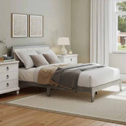 Vista 8 de HOMCOM - Base de cama de tamaño matrimonial, cabecera tapizada, listones de madera, color gris Marco de cama de plataforma, no necesita somier