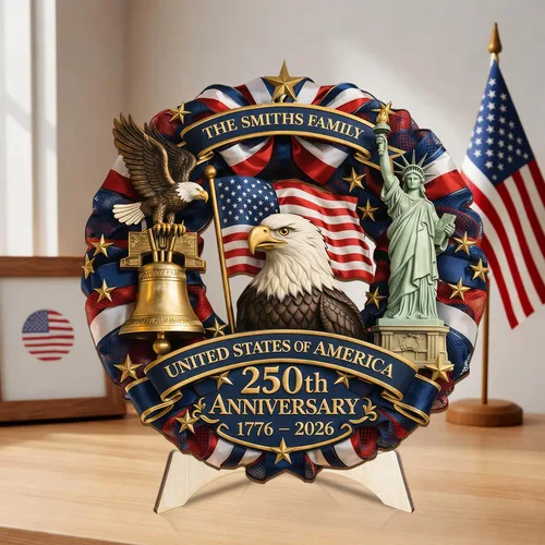 Vista 6 de NAZENTI Letrero personalizado para puerta del 4 de julio con nombre familiar, coronas de puerta personalizadas para 250 aniversario de Estados