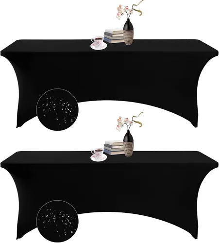 Vista 179 de Paquete de 2 fundas de mesa de elastano impermeables para mesas rectangulares, 6 pies, negras, elásticas, resistentes a manchas, para todas