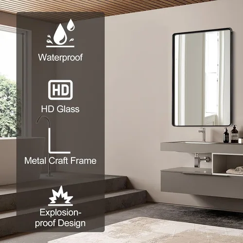 Vista 5 de Espejo de baño de 48 x 36 pulgadas con marco negro mate, espejo antioxidante montado en la pared