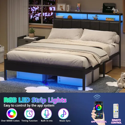 Vista 4 de Marco de cama matrimonial con estación de carga y luces LED, cabecero tapizado en negro con estantes de almacenamiento de 2 niveles, marco de cama
