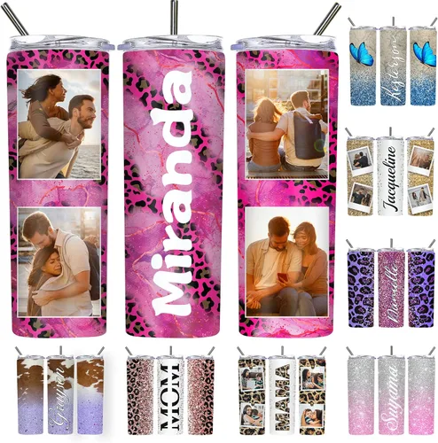 Vista 30 de Vaso delgado personalizado con purpurina con tapas y popotes, nombres, vasos de acero inoxidable personalizados con imagen para mujeres, hombres
