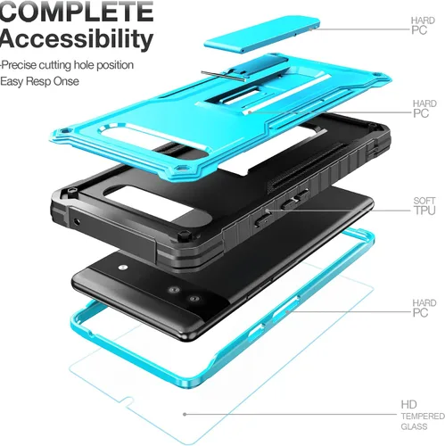 Vista 4 de FITO Funda para Google Pixel 6A, funda resistente a prueba de golpes de doble capa con protector de pantalla de vidrio templado con soporte Azul