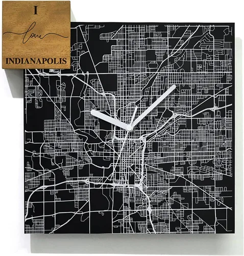 Vista 51 de Modern Wall Clock - Black Aluminum with Silver Fiber Laser Engraving - Square - Contemporary Design - Personalized City Map - Home Town - Location