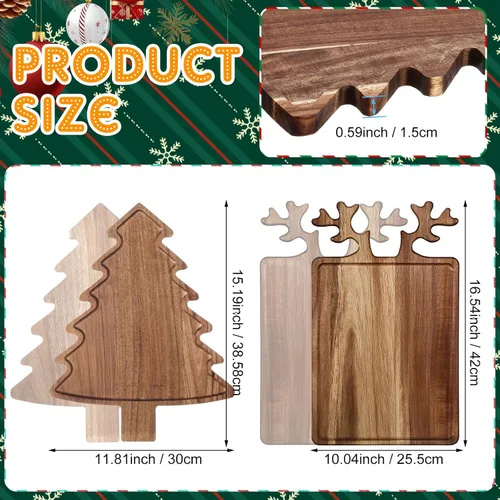 Vista 2 de Umigy 2 Piezas Tablas de Charcutería de Navidad Tabla de Cortar de Madera en Forma de Árbol de Navidad con Mango Cornamenta Madera de Acacia Bonita