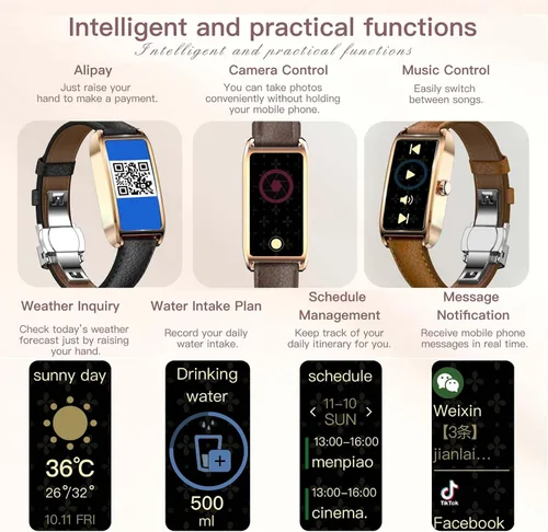 Vista 2 de Amoled Laies - Reloj inteligente para mujer, reloj inteligente con correa de piel, monitor de ritmo cardíaco, estrés, sueño, 12 modos deportivos