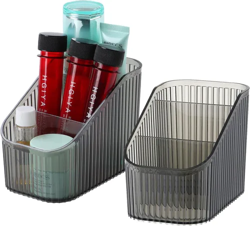 Vista 8 de Organizador de brochas de maquillaje ámbar para tocador, organizador de encimera de baño, 5 tazas, almacenamiento y exhibición de artículos