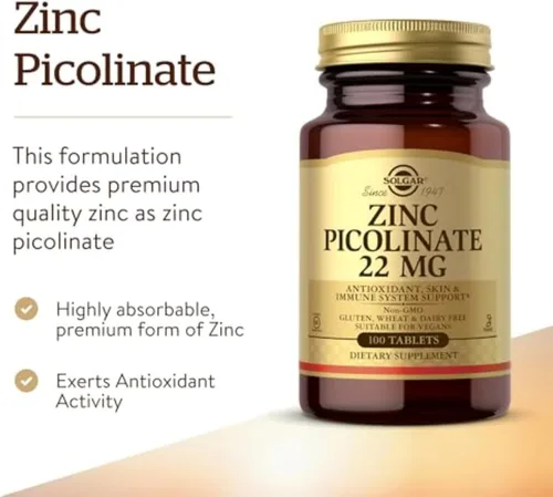 Vista 7 de Solgar Picolinato de zinc de 22 mg, 100 tabletas - Promueve una piel saludable - Apoya el sistema inmunológico, el sabor y la visión normales