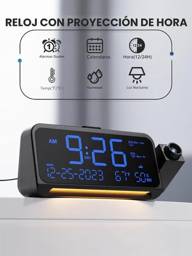 Vista 2 de Mesqool Reloj despertador de proyección para techo de dormitorio, reloj digital con modo de días laborables/fines de semana, fecha, temperatura