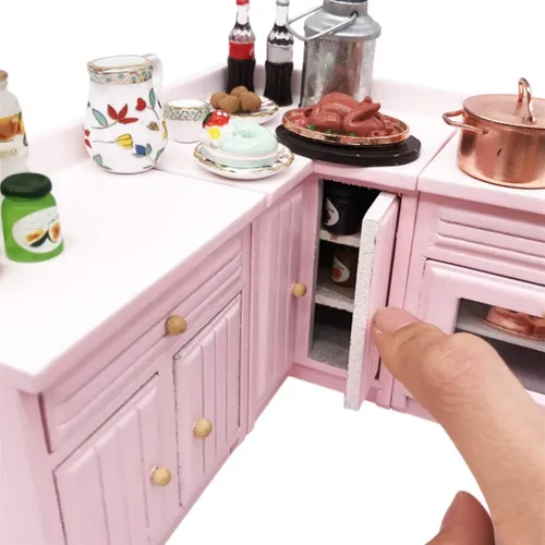 Vista 6 de Accesorios de decoración de casa de muñecas, casa de muñecas 1:12, muebles en miniatura, juego de gabinetes de cocina de madera combinados Rosa