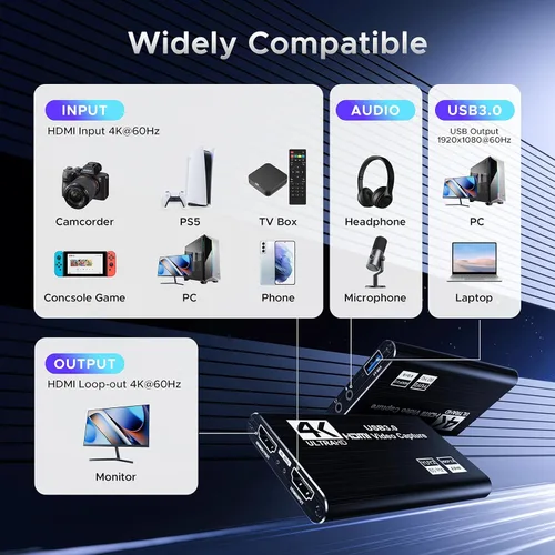 Vista 2 de XIIXMASK Tarjeta de captura de video, tarjeta de captura de audio y video, tarjeta de captura USB 3.0 4K HDMI Loop-Out, 1080P 60FPS/2K 30FPS captura