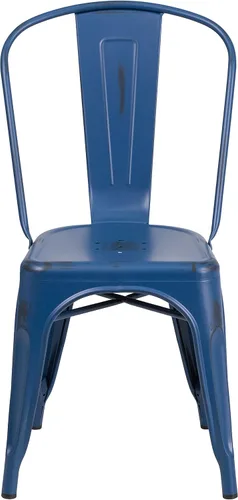 Vista 6 de Merrick Lane Banks - Silla apilable de comedor, marco de metal azul antiguo, acabado con recubrimiento en polvo envejecido, respaldo de listones