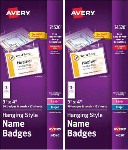 Vista 9 de Avery Insignias de nombre personalizables, 3" x 4", insertos imprimibles por láser/inyección de tinta, 100 portaetiquetas con cordones (74459)