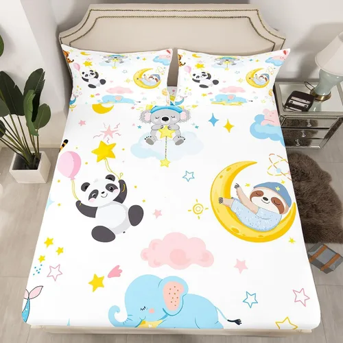 Vista 9 de Erosebridal Sábana bajera ajustable de tamaño individual para niños y niñas, diseño colorido de nube, estrellas, luna, lindo juego de ropa de cama