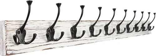 Vista 11 de IBosins Perchero de pared de 34'' con 10 ganchos tri-decorativos, colgador de abrigos de madera resistente, barra de ganchos rústicos para entrada