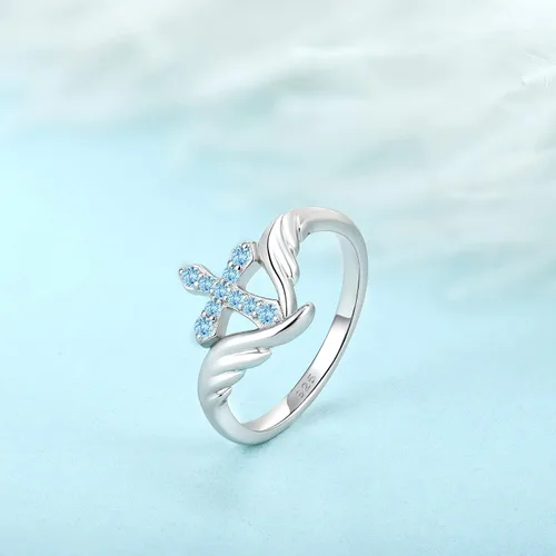 Vista 4 de STARCHENIE Anillo de cruz de plata de ley 925 con alas de ángel para mujer, talla 5-10